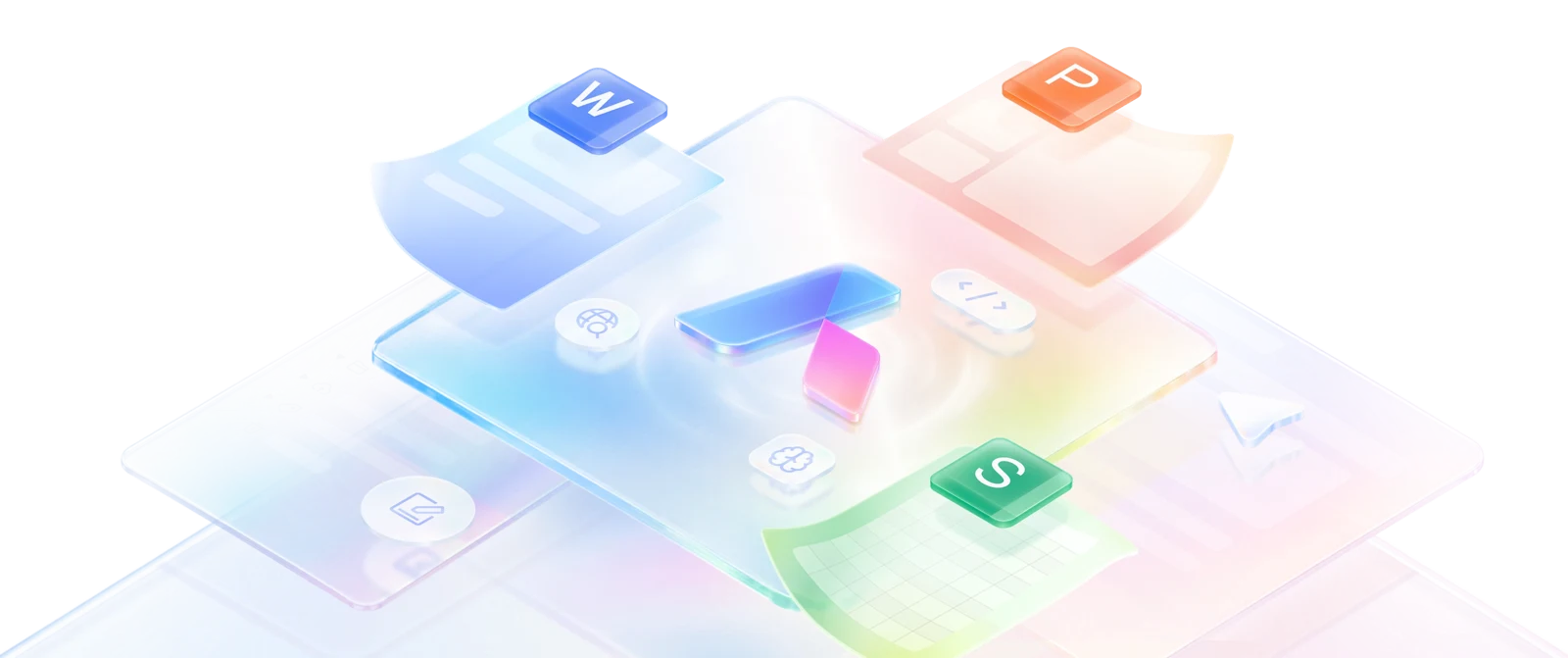 WPS Office 文字、表格与演示组件环绕文档工作空间的产品示意图